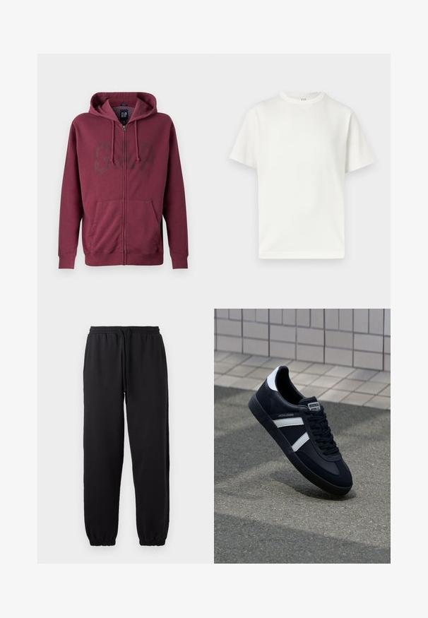 Sudadera con cremallera de color burdeos, con un bolsillo frontal y capucha con cordón, que presenta un sutil logo de GAP en el pecho.; Camiseta blanca lisa de manga corta con cuello redondo, mostrada extendida sobre un fondo blanco con una etiqueta visible de GAP en el interior del cuello.; Pantalones jogger negros hechos de una tela suave, con cintura elástica y cordón ajustable, y dobladillos en los tobillos.; Zapatilla de cuero negra con rayas blancas, suela de goma texturizada y parte frontal con cordones. Cuenta con una etiqueta de marca en la lengüeta.