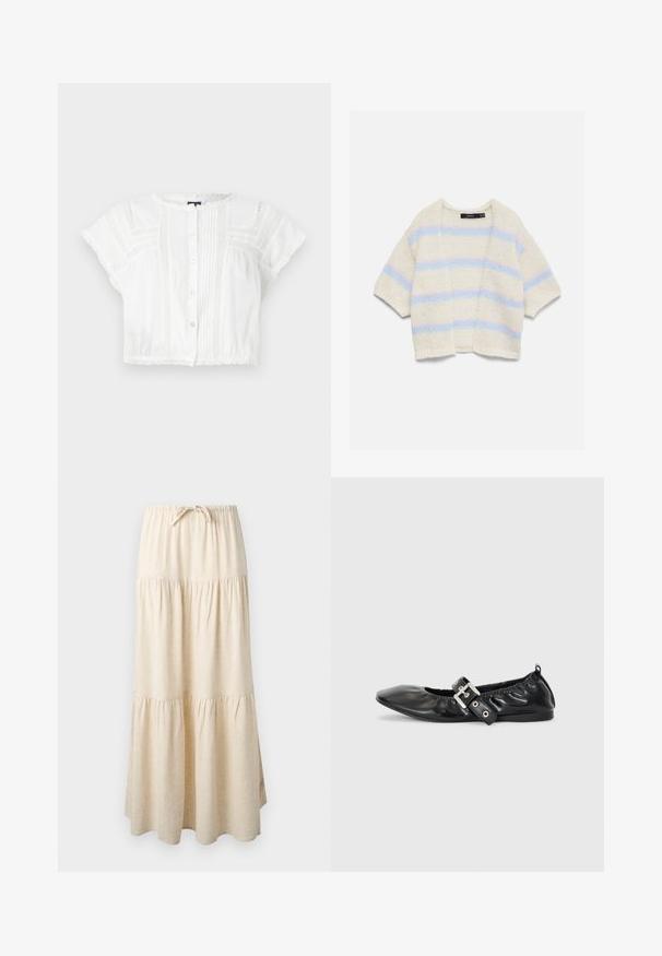 Kremfarvet strikket kortærmet cardigan med åben front og vandrette pastelblå og lyserøde striber på krop og ærmer.; Hvid cropped bluse lavet af letvægtsstof. Har korte ærmer, knaplukning foran, pyntesyninger og blondeakkorder ved skuldre og kant.; Beige maxi-nederdel i lag med elastisk talje og snøre, med et flydende, opsamlet stofdesign.; Sorte læder flade sko med spids tå, samling detaljer omkring åbningen, og en sølv spænde accent på den justerbare rem.