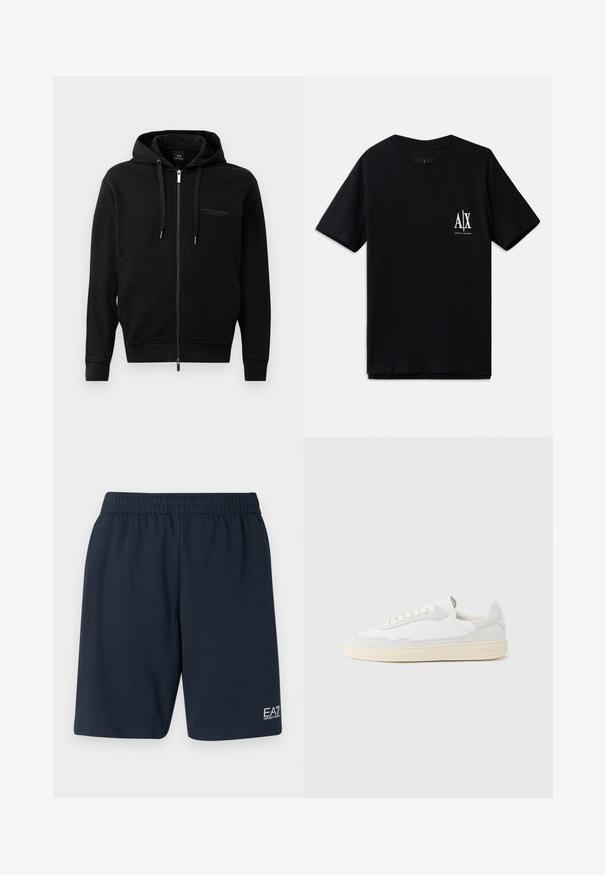 Sudadera con cremallera negra hecha de una tela suave, que cuenta con capucha, cordones y detalle de logo en relieve en el pecho. Ajuste estilizado con puños acanalados.; Camiseta de manga corta negra de algodón, con un pequeño logo blanco en el lado izquierdo del pecho. Diseño simple de cuello redondo, textura suave.; Pantalones cortos de cintura elástica en azul marino, fabricados en un tejido suave, con bolsillos laterales y un pequeño logo blanco de EA7 en la parte inferior de la pierna izquierda.; Zapatilla blanca con parte superior texturizada de ante y cuero. Presenta una puntera redondeada, cierre con cordones y suela de goma beige contrastante.