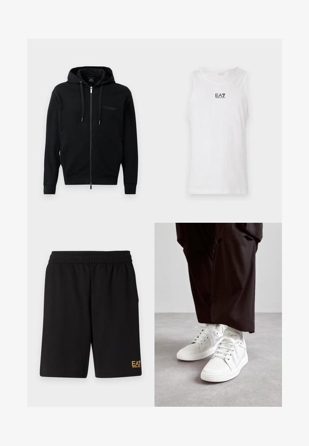 Sweat à zip noir en tissu doux, avec capuche, cordons de serrage et logo en relief sur la poitrine. Coupe ajustée avec poignets côtelés.; Débardeur blanc sans manches en coton, avec un logo noir EA7 sur la poitrine et un col rond. Texture lisse, design décontracté.; Shorts de sport noirs en tissu doux, avec une taille élastique et un petit logo jaune EA7 sur le bas de la jambe gauche.; Baskets montantes blanches en cuir lisse avec un détail perforé sur le bout, des lacets blancs plats et une subtile touche dorée sur le talon.