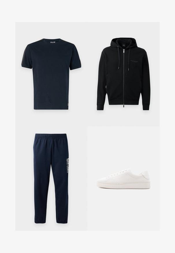 Schwarze Zip-Hoodie aus weichem Material, mit Kapuze, Kordelzügen und geprägtem Logodetail auf der Brust. Schmaler Schnitt mit gerippten Bündchen.; Marineblaue T-Shirt aus Baumwolle mit kurzen Ärmeln, runder Halslinie und strukturierten Akzenten an den Schultern. Logo auf der unteren linken Seite.; Marineblaues Sweatpants mit elastischem Bund, zulaufenden Beinen und einem weißen Logo an der Seite. Glattes Gewebe mit leichter Textur.; Weißer Ledersneaker mit glattem Finish, rundem Zehenbereich, sechs Augen für die Schnürung und einer strukturierten Gummisohle. Minimalistisches Design ohne Muster.