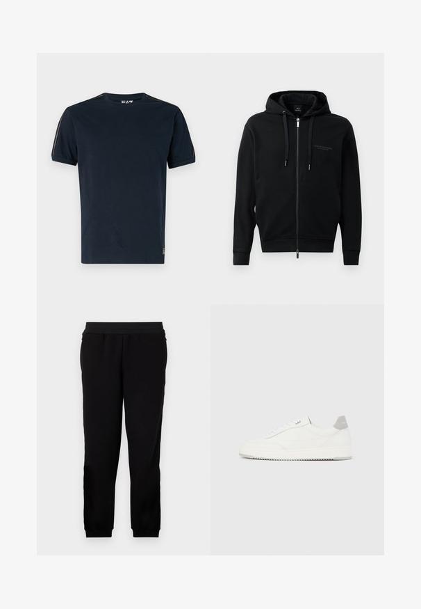 Sudadera con cremallera negra hecha de una tela suave, que cuenta con capucha, cordones y detalle de logo en relieve en el pecho. Ajuste estilizado con puños acanalados.; Camiseta de color azul marino hecha de algodón, con mangas cortas, cuello redondo y detalles texturizados en los hombros. Logo en la parte inferior izquierda.; Pantalones de chándal negros hechos de un material suave, con una banda elástica en la cintura, puños ajustados y bolsillos laterales para mayor comodidad.; Zapatilla blanca de corte bajo con pestaña en el talón gris, cordones blancos y suela texturizada, presentada sobre un fondo claro y liso.