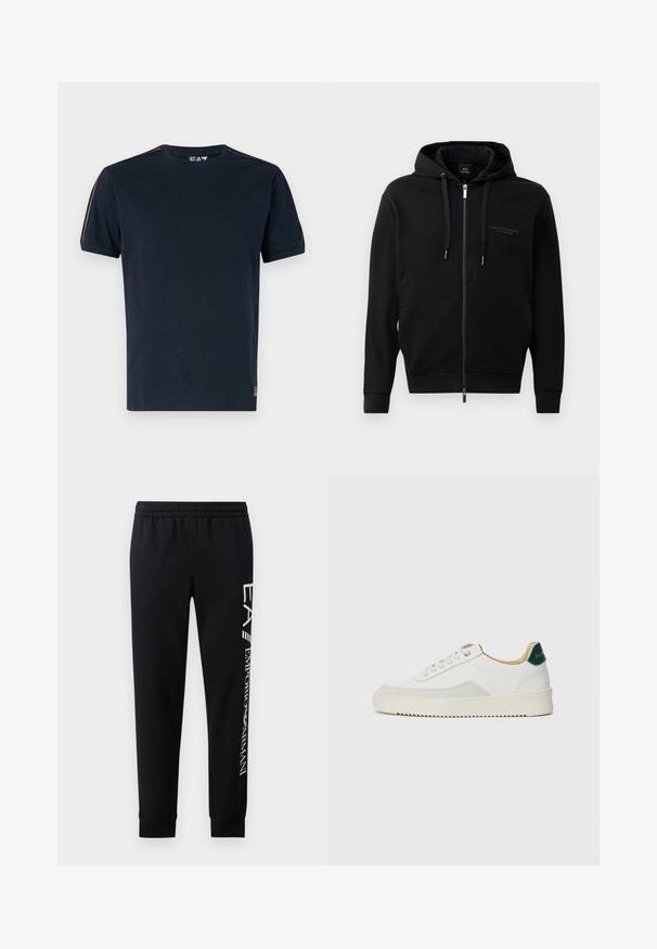 Sudadera con cremallera negra hecha de una tela suave, que cuenta con capucha, cordones y detalle de logo en relieve en el pecho. Ajuste estilizado con puños acanalados.; Camiseta de color azul marino hecha de algodón, con mangas cortas, cuello redondo y detalles texturizados en los hombros. Logo en la parte inferior izquierda.; Pantalones de chándal negros hechos de una mezcla de algodón, con una cinturilla elástica, piernas estrechas, puños acanalados y estampado de logo blanco en el lateral.; Zapatilla blanca con acentos de ante, puntera redondeada, cordones planos y suela de goma color crema. Presenta un logo verde en el talón.