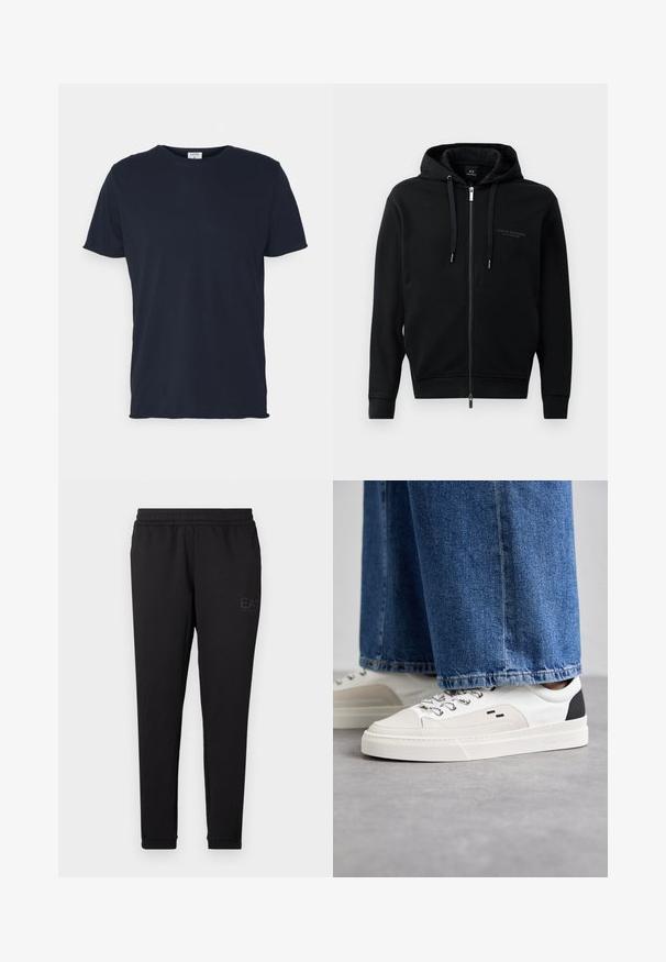 Schwarze Zip-Hoodie aus weichem Material, mit Kapuze, Kordelzügen und geprägtem Logodetail auf der Brust. Schmaler Schnitt mit gerippten Bündchen.; Marineblaue Baumwoll-T-Shirt mit Rundhalsausschnitt und kurzen Ärmeln, mit einer glatten Oberfläche und einfachem Design, ohne sichtbare Muster oder Akzente.; Schwarze Sweatpants aus weichem Material, mit einem elastischen Bund, engen Bündchen und einem kleinen Logo, das an der Seite aufgedruckt ist.; Weiße und schwarze Sneaker mit einem Obermaterial aus glattem Leder, strukturierten Akzenten und einer massiven weißen Sohle. Verfügt über ein klassisches Schnürdesign.