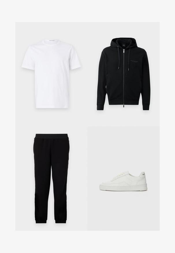 Schwarze Zip-Hoodie aus weichem Material, mit Kapuze, Kordelzügen und geprägtem Logodetail auf der Brust. Schmaler Schnitt mit gerippten Bündchen.; Weißes Baumwoll-T-Shirt mit rundem Ausschnitt und kurzen Ärmeln. Glatte Textur, gerader Schnitt und minimalistisches Design ohne Muster oder Akzente.; Schwarze Sweatpants aus einem weichen Material, mit elastischem Bund, eng anliegenden Bündchen und Seitentaschen für zusätzlichen Komfort.; Weiße Ledersneaker mit glatter Oberfläche, runder Zehenpartie, flachen Schnürsenkeln und strukturiertem Sohlenprofil. Mit einem dezenten Logo an der Ferse.