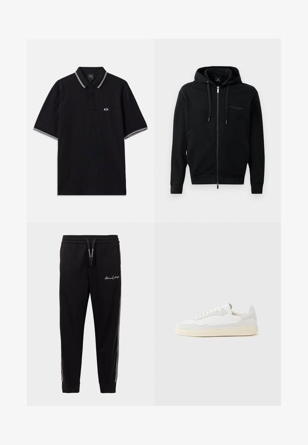 Schwarze Zip-Hoodie aus weichem Material, mit Kapuze, Kordelzügen und geprägtem Logodetail auf der Brust. Schmaler Schnitt mit gerippten Bündchen.; Schwarzes Polohemd aus Baumwolle mit einem Kragen mit zwei Knöpfen, weißen gestreiften Akzenten an den Ärmeln und einem Logo auf der Brust.; Schwarze Jogginghose aus Baumwollmischung mit einem gerippten Bund, seitlichen weißen Streifen und Logo-Stickerei auf dem linken Oberschenkel.; Weißer Sneaker mit strukturiertem Obermaterial aus Wildleder und Leder. Verfügt über eine runde Zehenpartie, Schnürverschluss und eine kontrastierende beige Gummisohle.
