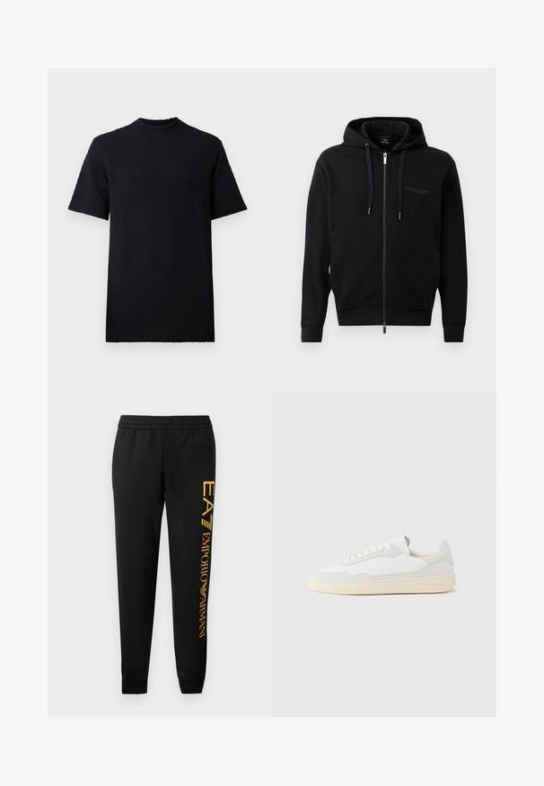 Sweat à zip noir en tissu doux, avec capuche, cordons de serrage et logo en relief sur la poitrine. Coupe ajustée avec poignets côtelés.; T-shirt noir à manches courtes avec un motif texturé en vagues et col rond. Fabriqué en tissu doux, doté d'une coupe décontractée et sans logo visible.; Pantalon de survêtement noir avec une taille élastique et des ourlets resserrés. Présente une impression verticale de logo doré sur la jambe gauche. Fabriqué à partir d'un tissu doux.; Baskets blanches avec dessus en daim et cuir texturé. Caractérisées par un bout arrondi, une fermeture à lacets et une semelle en caoutchouc beige contrastante.