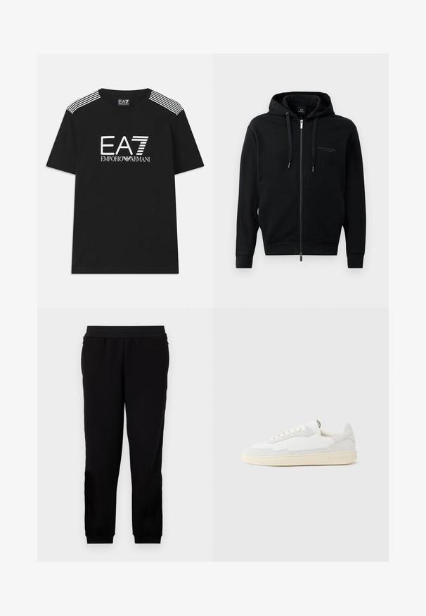 Sudadera con cremallera negra hecha de una tela suave, que cuenta con capucha, cordones y detalle de logo en relieve en el pecho. Ajuste estilizado con puños acanalados.; Camiseta negra de algodón con un logo blanco de EA7 y el texto 'Emporio Armani'. Tres rayas blancas en los hombros realzan el diseño.; Pantalones de chándal negros hechos de un material suave, con una banda elástica en la cintura, puños ajustados y bolsillos laterales para mayor comodidad.; Zapatilla blanca con parte superior texturizada de ante y cuero. Presenta una puntera redondeada, cierre con cordones y suela de goma beige contrastante.