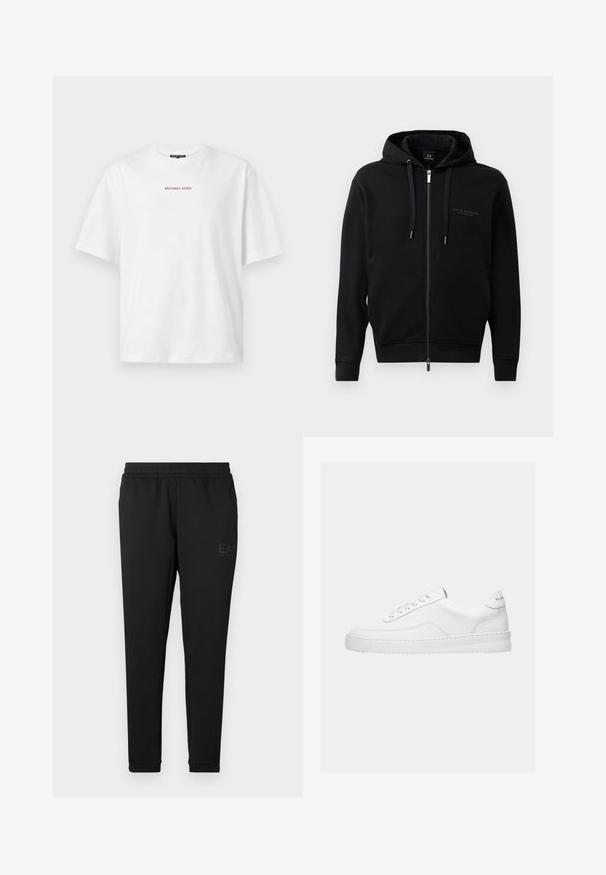 Sudadera con cremallera negra hecha de una tela suave, que cuenta con capucha, cordones y detalle de logo en relieve en el pecho. Ajuste estilizado con puños acanalados.; Camiseta blanca de manga corta con cuello redondo y pequeño texto rojo "MICHAEL KORS" centrado en el pecho.; Pantalones de chándal negros hechos de una tela suave, con cinturilla elástica, puños ajustados y un pequeño logo impreso en el lateral.; Zapatilla deportiva blanca de corte bajo con diseño con cordones, parte superior de cuero liso y suela gruesa, vista de lado sobre un fondo liso.