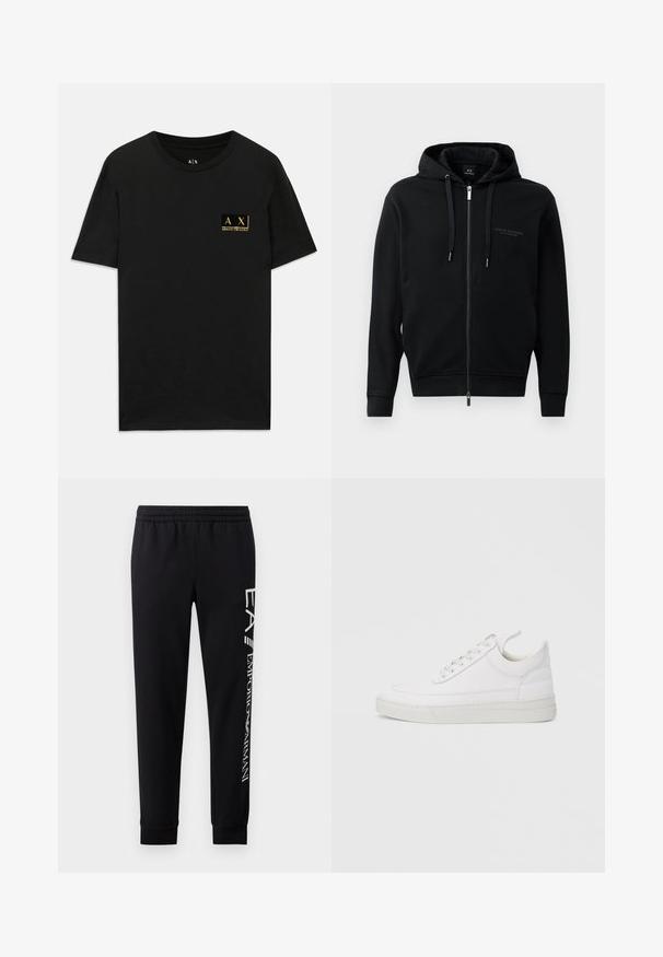 Schwarze Zip-Hoodie aus weichem Material, mit Kapuze, Kordelzügen und geprägtem Logodetail auf der Brust. Schmaler Schnitt mit gerippten Bündchen.; Schwarzes Baumwoll-T-Shirt mit Rundhalsausschnitt. Verfügt über ein kleines goldfarbenes Logo-Patch auf der linken Brust mit dem Text "AX Armani Exchange". Klassische Passform.; Schwarze Sweatpants aus Baumwollmischung mit elastischem Taillenbund, schmal zulaufenden Beinen, gerippten Bündchen und weißem Logo-Druck entlang der Seite.; Weißer Ledersneaker mit abgerundetem Zehenbereich, flacher Sohle und Schnürverschluss. Verfügt über Nahtdetails und einen gepolsterten Kragen für zusätzlichen Komfort.