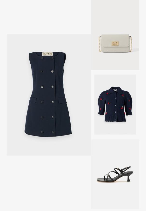 Marineblauw vest met knopen, pofmouwen en rode kersenborduursels verspreid over de stof, met een geribde zoom en kraag.; Navy mouwloze jurk met een getailleerde pasvorm, dubbele knoopsluiting, twee frontzakken en een platte kraag voor een gestructureerde silhouet.; Zwarte patenten leren sandalen met banden, een vierkante neus en een lage blokhak. Voorzien van goudkleurige hardware en verstelbare enkelsbandjes.; Lichtgrijs rechthoekig leren portemonnee met gouden sluiting en gouden kettingriem op witte achtergrond.