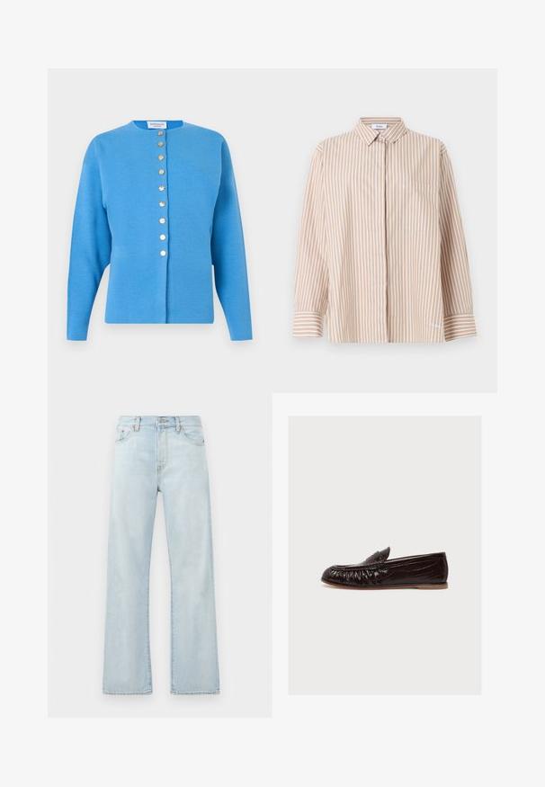 Blå langærmet cardigan med rund halsudskæring og otte knapper i guldton ned foran.; Beige og hvid langærmet skjorte med vertikale striber, krave, forlommer, knaplukning på ærmerne og skjulte knapper foran.; Lyseblå denimjeans med høj talje, vidde ben-design og subtil falming. Har klassisk fem-lommes styling og tonale syninger.; Mørkebrun loafer med tekstureret, krokodillemønstret læderoverdel, flad sål og mokkasin-syninger, vist fra siden.