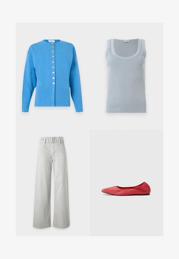 Cardigan bleu à manches longues avec encolure ronde et huit boutons dorés sur le devant.; Débardeur sans manches bleu clair côtelé avec encolure dégagée et étiquette Drykorn au niveau de l'arrière du col, posé à plat sur une surface blanche.; Jean gris clair taille haute à jambes larges, avec poches avant, passants de ceinture et ceinture en tissu assortie avec boucle.; Filippa K REY FLATS - Ballerines - bright red