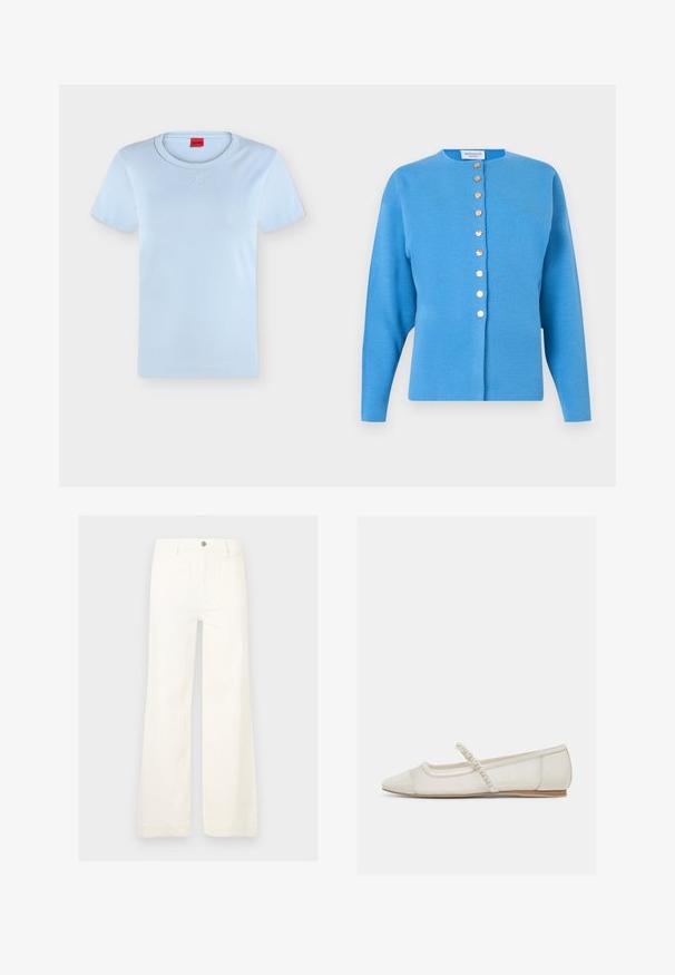 Cardigan bleu à manches longues avec encolure ronde et huit boutons dorés sur le devant.; T-shirt bleu clair à manches courtes avec col rond et logo "HUGO" en relief subtil centré sous le col, ainsi qu'une étiquette intérieure rouge.; Pantalon blanc à jambes larges en coton. Comprend un bouton à l'avant, des passants pour ceinture et deux poches arrière. Texture lisse avec une finition nette.; Chaussure plate ivoire à bout pointu avec bride ornée de perles et petit talon en bois, vue de côté sur un fond clair.