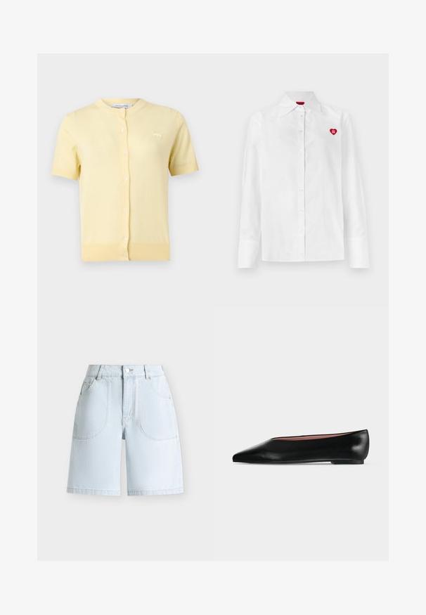 Cardigan à manches courtes jaune pâle avec boutons, col rond et petit logo animal brodé sur le côté gauche de la poitrine.; Chemise blanche à boutons avec manches longues, col classique et logo en forme de cœur rouge sur la poitrine gauche. Texture lisse et coupe ajustée.; Short en jean bleu clair avec bouton et fermeture éclair à l'avant, deux poches avant arrondies et passants de ceinture sur un fond uni.; Chaussure plate en cuir noir pour femme, avec bout pointu et petit talon, vue de côté sur un fond gris clair uni.