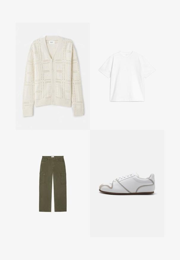 NN.07 TOBIAS CARDIGAN - Kardigán - offwhite; Biely bavlnený tričko s okrúhlym výstrihom, krátkymi rukávmi a voľným strihom, bez vzorov alebo akcentov.; Khaaki zelené cargo nohavice so striedmym strihom, dvoma veľkými bočnými vreckami a klasickým päťkapsovým dizajnom. Vyrobené z odolnej bavlny.; Biele tenisky so hladkým koženým zvrškom, sivými semišovými akcentmi a jednoduchým šnurovacím dizajnom. Neklzká hnedá gumová podrážka; minimalistický štýl.