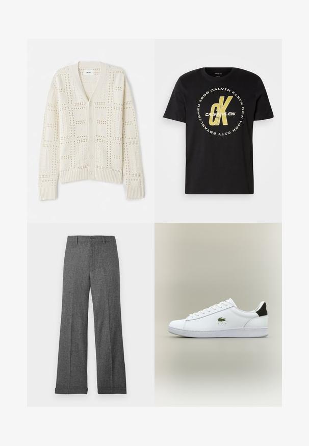 NN.07 TOBIAS CARDIGAN - Ζακέτα - offwhite; Μαύρο βαμβακερό T-shirt με κοντά μανίκια, στρογγυλή λαιμόκοψη και μεγάλο λευκό και χρυσό γραφικό λογότυπο που περιλαμβάνει το "Calvin Klein" και το "CK."; Φαρδιά γκρι παντελόνια από υφασμάτινη υφή με διακριτικό σχέδιο, με κλείσιμο με κουμπιά μπροστά και μανσέτες στο τελείωμα.; Λευκό δερμάτινο αθλητικό παπούτσι με λείο φινίρισμα, που διαθέτει πράσινο κεντημένο λογότυπο κροκόδειλου, επίπεδη λευκή σόλα και μαύρη λεπτομέρεια στη φτέρνα.