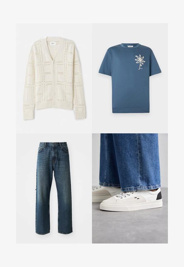NN.07 TOBIAS CARDIGAN - Cardigan - offwhite; Blå kortærmet t-shirt med rund halsudskæring og et hvidt blomstermotiv på venstre bryst, lavet af blødt, åndbart stof.; NN.07 OTIS - Jeans Straight Leg - stonewashed; Hvide og sorte sneakers med en glat læderoverdel, teksturerede detaljer og en kraftig hvid sål. Har et klassisk snørebåndsdesign.