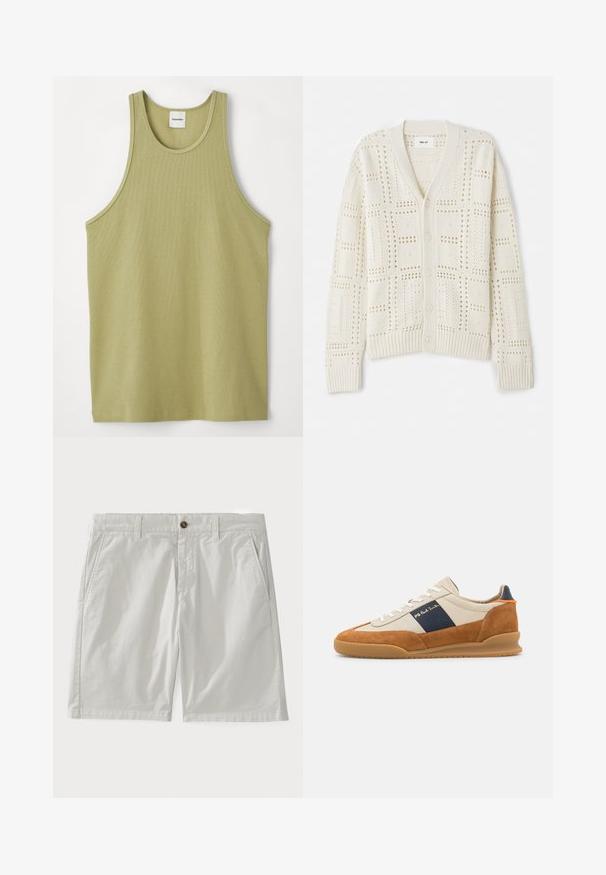 NN.07 TOBIAS CARDIGAN - Kardigán - offwhite; Svetlozelený rebrovaný tílko s okrúhlym výstrihom a širokými ramienkami. Tkanina pôsobí jemne s jemnou textúrou a pravidelným lemom.; Biele bavlnené šortky s gombíkovým zapínaním, pútka na opasok a bočné vrecká. Tkanina vyzerá hladko s klasickým, prispôsobeným strihom.; PS Paul Smith DOVER - Tenisky - cognac/off-white