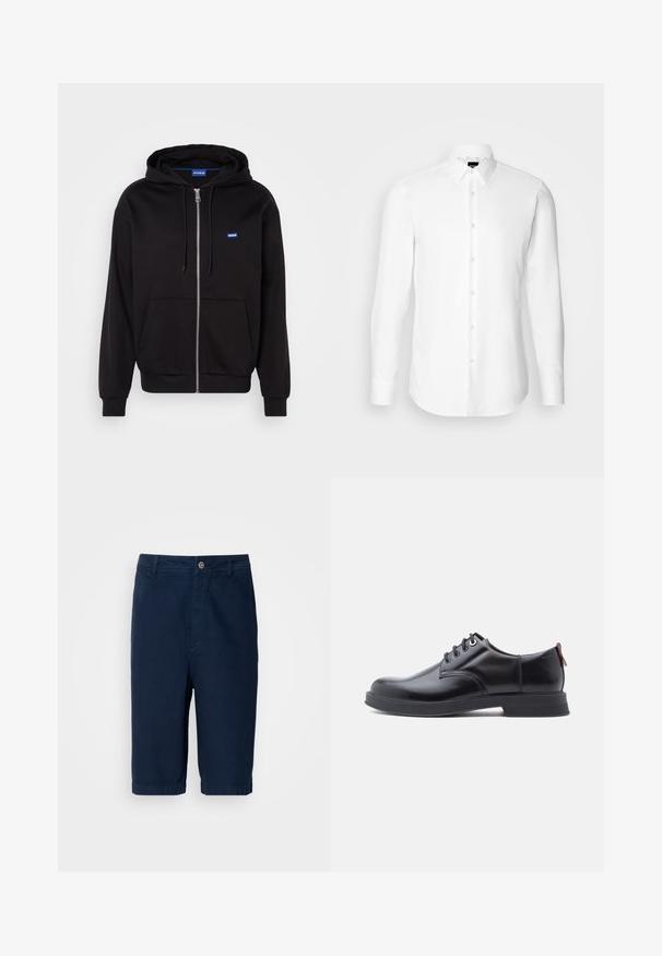 Zwarte zip-up hoodie van katoen met een kangoeroezak, verstelbare trekkoordkap en blauw logo op de linkerkant van de borst.; Witte blouse met lange mouwen, knoopsluiting aan de voorkant, klassieke kraag, gemaakt van gladde stof met een subtiele textuur, ontworpen voor een aansluitende pasvorm.; Marineblauwe shorts van katoenstof met een rechte snit, een knoopsluiting en riemlussen. Heeft omslagranden en twee zijzakken.; Zwarte leren veter schoenen met een gladde textuur, ronde neus en subtiel stiksel detail. Voorzien van een rode trekband op de hiel.