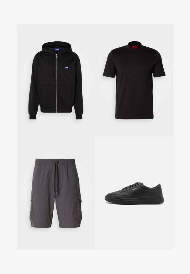Schwarze Zip-Hoodie aus Baumwolle mit Kängurutasche, verstellbarem Kordelzug und blauen Logo auf der linken Brustseite.; Schwarzes T-Shirt mit kurzen Ärmeln und hohem Kragen. Hergestellt aus glattem Stoff. Verfügt über ein rotes Markenlabel am inneren Kragen.; Graue Cargo-Shorts aus leichtem Stoff, mit einem Kordelzugbund, Seitentaschen und einem leicht lockeren Schnitt.; Schwarze Leder-Sneaker mit glatter Textur, runder Zehenpartie, flacher Gummisohle und einfarbigen Schnürsenkeln. Mit goldfarbenem "BOSS" Logo an der Seite.