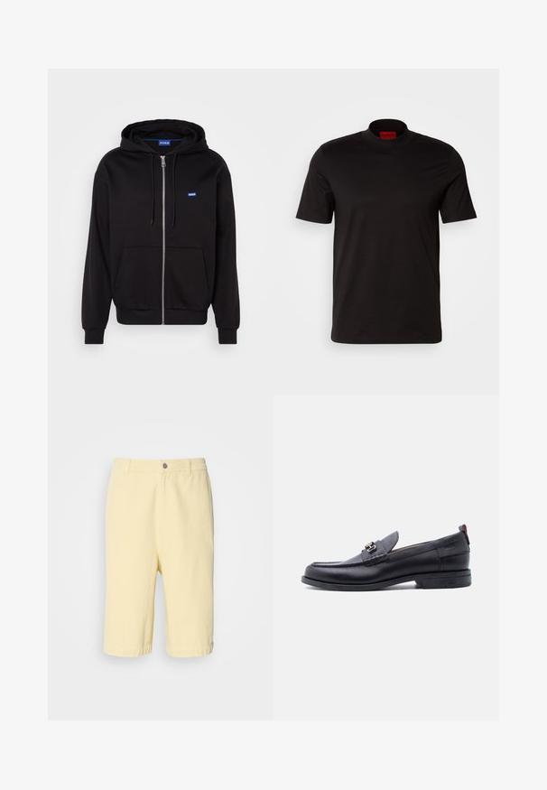 Schwarze Zip-Hoodie aus Baumwolle mit Kängurutasche, verstellbarem Kordelzug und blauen Logo auf der linken Brustseite.; Schwarzes T-Shirt mit kurzen Ärmeln und hohem Kragen. Hergestellt aus glattem Stoff. Verfügt über ein rotes Markenlabel am inneren Kragen.; Gelbe Baumwoll-Shorts mit geradem Schnitt, mit einem Knopfverschluss vorne und umgeschlagenem Saum. Glatte Textur, lässiges Design.; Schwarzer Lederloafer mit grauem, strukturiertem Vorderblatt, silberner Metallschnalle, niedrigem Absatz und Zuglasche hinten.