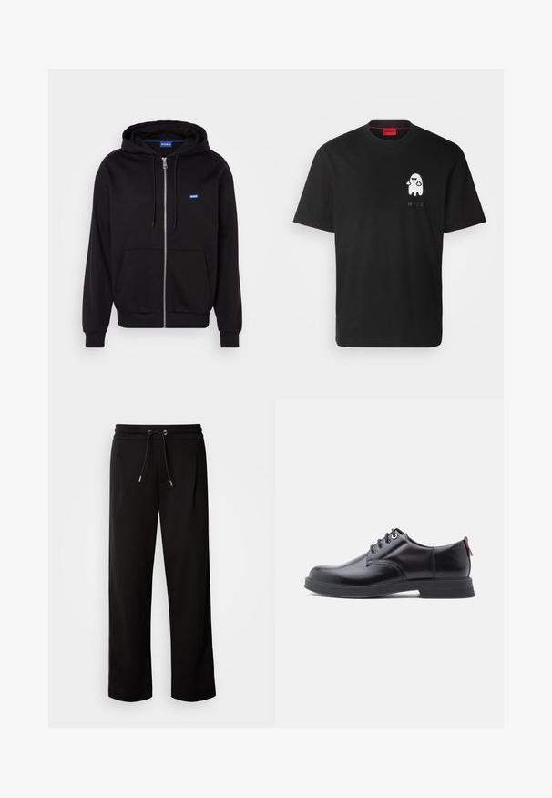 Schwarze Zip-Hoodie aus Baumwolle mit Kängurutasche, verstellbarem Kordelzug und blauen Logo auf der linken Brustseite.; HUGO DICATIKO - T-Shirt print - black; Schwarze, lockere Sweatpants aus weichem Stoff, mit einem elastischen Bund und Zugband sowie seitlichen Taschen.; Schwarze Leder-Schnürschuhe mit glatter Textur, rundem Zehenbereich und dezenten Ziernähten. Mit einem roten Laschenband an der Ferse.