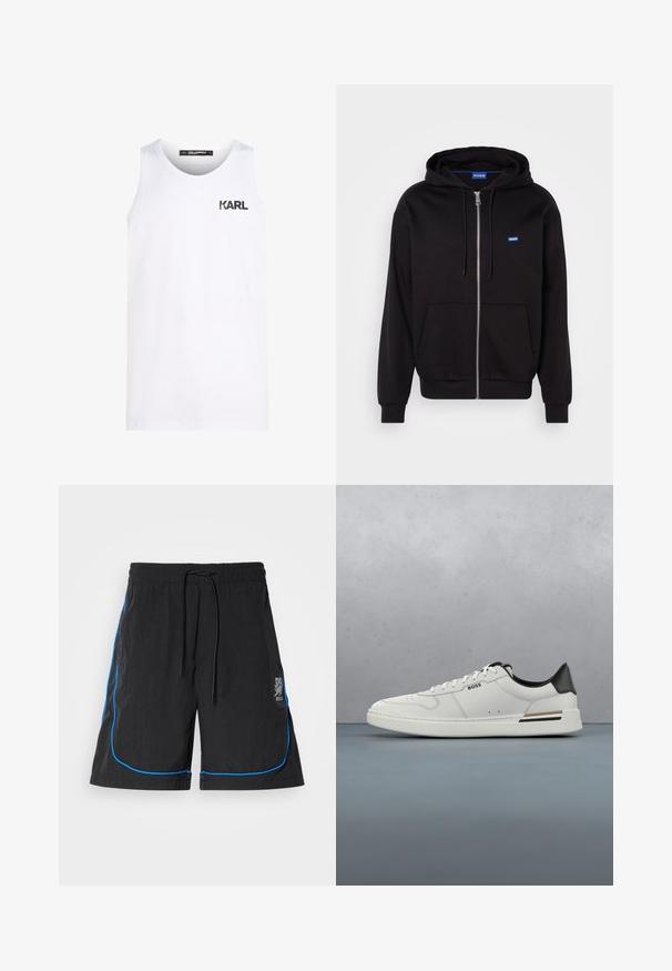 Schwarze Zip-Hoodie aus Baumwolle mit Kängurutasche, verstellbarem Kordelzug und blauen Logo auf der linken Brustseite.; Weißes Tanktop aus Baumwolle mit rundem Halsausschnitt. Mit einem schwarzen Logodruck auf der Brust. Einfaches Design und ärmelloser Stil.; Schwarze Badeshorts mit einem Kordelzugbund, die blaue Paspeln entlang der Nähte und ein Logo am linken Oberschenkel aufweisen. Leichtes Material.; Weißer Sneaker mit niedrigem Schnitt und schwarzer Ferse, Schnürverschluss, dezenten Perforationen und "BOSS"-Logo an der Seite, gezeigt von der äußeren Seitenansicht.
