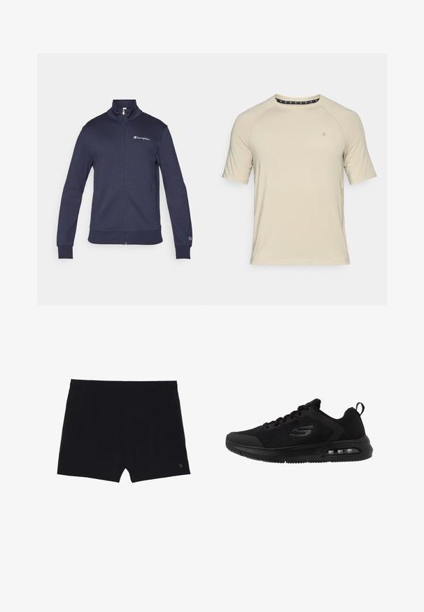 Marineblauwe sportjas met rits, hoge kraag, Champion-logo op borst en mouw, en zijzakken.; Beige T-shirt met korte mouwen van gladde stof. Heeft een ronde halslijn en een subtiele logo op de borst, met een gestroomlijnd ontwerp en zonder patronen.; Zwarte sportshorts met een gladde textuur, elastische tailleband en twee zijzakken. Voorzien van een klein logo aan de onderzijde rechts.; Zwarte sportieve schoenen met een ademend mesh-bovenwerk, gestructureerde accenten, een gevoerde middenzool en een zichtbare luchtunit in de zool voor comfort.