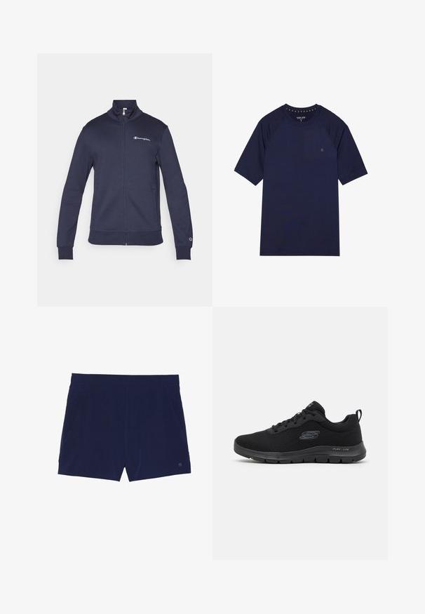 Marineblauwe sportjas met rits, hoge kraag, Champion-logo op borst en mouw, en zijzakken.; Marineblauw t-shirt met korte mouwen, gemaakt van een gladde stof. Heeft een ronde hals en raglanmouwen met een klein logo op de borst.; Marineblauwe zwemboxers van lichtgewicht stof, met een elastische tailleband en twee zijzakken voor opbergruimte.; Zwarte sportieve schoen met een bovenwerk van mesh, een ronde neus, vetersluiting en een getextureerde zool. Bevat een logo aan de zijkant en een trekbandje bij de hak.