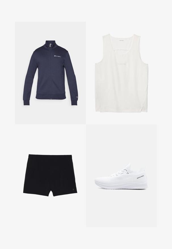 Marineblauwe sportjas met rits, hoge kraag, Champion-logo op borst en mouw, en zijzakken.; Witte mouwloze Calvin Klein tanktop met ronde halslijn en subtiele logotekst op de borst.; Zwarte sportshorts met een gladde textuur, elastische tailleband en twee zijzakken. Voorzien van een klein logo aan de onderzijde rechts.; Witte lage sneaker van gebreid materiaal met een gestructureerde zool, veters aan de voorkant en het "JACK & JONES" logo aan de zijkant van de hielkraag.
