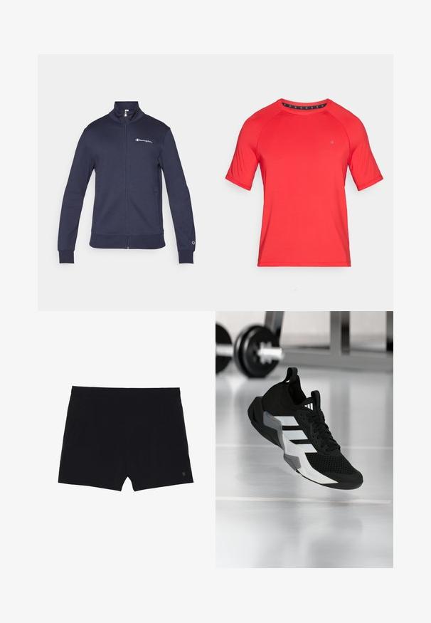 Veste de sport bleu marine zippée avec col haut, logo Champion sur la poitrine et la manche, et poches latérales.; T-shirt de sport rouge à manches courtes avec un col rond, présentant des manches raglan et un petit logo sur le devant.; Shorts de sport noirs avec une texture lisse, une taille élastique et deux poches latérales. Présente un petit logo sur le bas à droite.; Chaussure de sport noire avec une tige en mesh, des rayures blanches et des accents gris. Dotée d'un col rembourré et d'une semelle en caoutchouc. Adaptée pour une utilisation en salle de sport.
