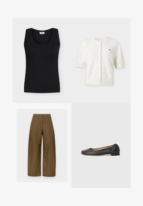 Cardigan blanc à manches courtes avec boutons, col rond et petit logo crocodile vert sur la poitrine gauche.; Débardeur noir côtelé sans manches avec larges bretelles et encolure ronde, étiquette de marque visible à l'intérieur du col.; Pantalon large en lin marron avec une texture lisse, doté d'une taille ajustée et de deux poches latérales. Le design offre une silhouette ample.; Ballerines en cuir noir avec un bout arrondi et des coutures minimales. Talon bas et rectangulaire avec une texture lisse. Détails subtils de doublure intérieure.