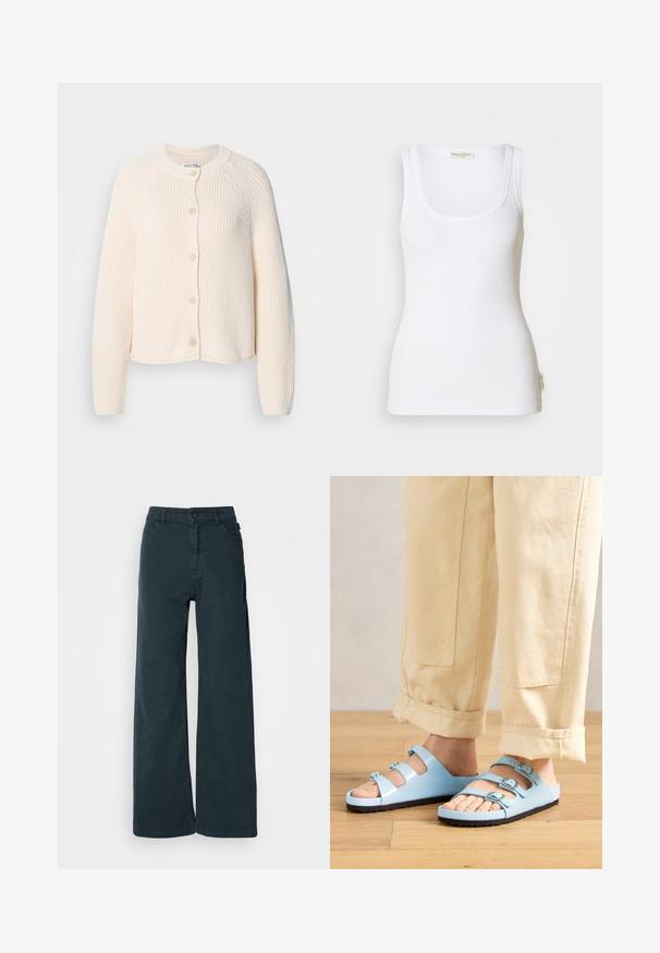 Hellbeige gestrickte Strickjacke mit Rundhalsausschnitt, sechs Knöpfen und Rippstruktur sowie überschnittenen Schultern und verkürztem Schnitt.; Weißes, geripptes Tanktop mit Rundhalsausschnitt und breiten Trägern. Mit einem Logolabel am seitlichen Saum. Hergestellt aus weichem, dehnbarem Stoff.; Weite Hose aus dunkelgrauem Baumwollmix mit einer vorderen Knopfverschluss, Gürtelschlaufen und zwei seitlichen Taschen. Glatte Textur mit minimaler Gestaltung.; Helle blaue Flip-Flops mit drei verstellbaren Riemen und silbernen Schnallen; strukturierte Sohle und glattes Obermaterial. Tragen mit hochgerollten beigen Hosen.