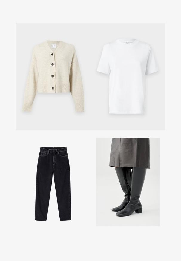 Lys beige strikket cardigan med v-hals, fem mørke knapper, ribbede manchetter og kant. Blød struktur og kort design.; Hvid bomulds T-shirt med rund hals, kortærmet og en glat tekstur. Designet med en afslappet pasform for komfort og alsidighed.; Sorte højtaljede jeans med lige ben, foran med knap, lynlås, bæltestropper og fem lommer, vist på en hvid baggrund.; Knæhøje sorte læderstøvler med firkantet tå, skråt stillet blokhæl og en sidesyning; glat tekstur og tætsiddende design.
