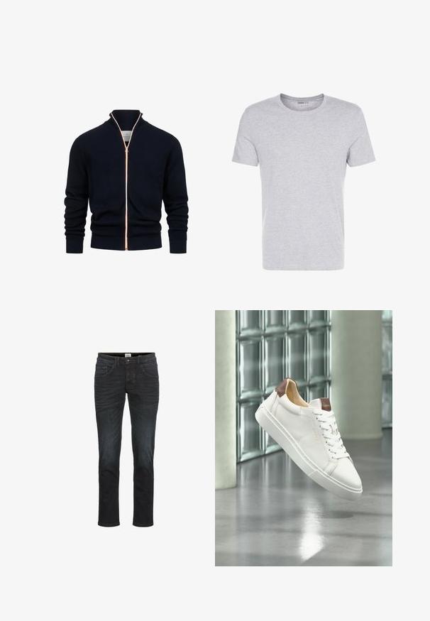 Marineblå strikket zip-sweater med høj krave, der har en kontrastfarvet orange lynlås, ribbede manchetter og et tekstureret mønster.; Grå bomulds T-shirt med rund hals, korte ærmer og et enkelt design, som har en blød, glat tekstur uden synlige mønstre eller udsmykninger.; Slim-fit jeans i mørk denimvask, med fem lommer, bæltestropper og lynlås. Glat tekstur med minimal fading og syningsdetaljer.; Hvid lædersneaker med brune detaljer og hvide snørebånd, der svæver over en skinnende betongulv med glasblokvinduer i baggrunden.