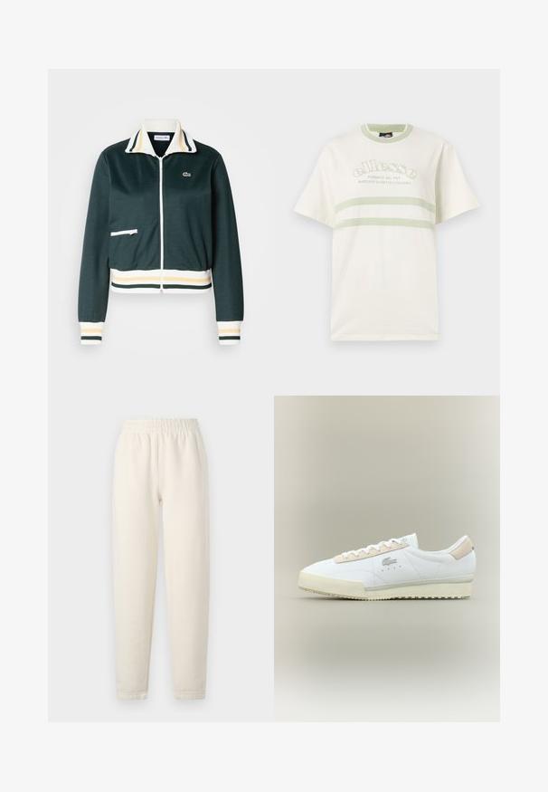 Donkergroene zip-up jas met witte en gele gestreepte kraag, ribgebreide manchetten en tailleband; beschikt over een klein ritsvakje aan de voorkant.; Crème kleurige katoenen t-shirt met een ronde hals, korte mouwen en groene accentstrepen. Heeft een geborduurd logo op de voorkant.; Crème-kleurige sweatpants gemaakt van zachte stof. Bevat een elastische tailleband en een taps toelopend ontwerp met subtiele stikdetails.; Witte leren sneaker met een beige suède accent. Kenmerken zijn een ronde neus, platte veters en een gestructureerde zool. Lacoste-logo aan de zijkant.