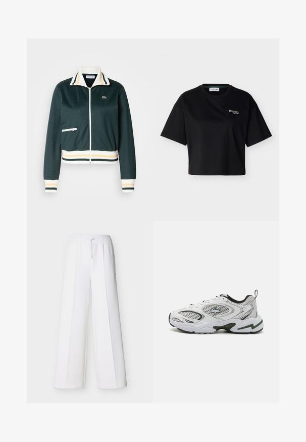 Veste zippée vert foncé avec un col à rayures blanches et jaunes, des poignets et une taille côtelés ; elle comprend une petite poche zippée à l'avant.; T-shirt court noir à manches courtes avec col rond et petit logo Lacoste brodé sur le côté gauche de la poitrine.; Pantalon blanc à jambes larges avec une ceinture élastique et un cordon de serrage. Confectionné en tissu doux avec des coutures verticales pour un look ajusté.; Baskets blanches avec des panneaux en mesh, des accents noirs et une semelle texturée. Présente un design élégant et un logo bien en vue sur le côté.