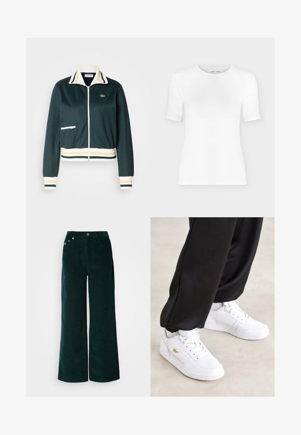 Chaqueta de cremallera verde oscura con cuello a rayas blancas y amarillas, puños y cintura acanalados; cuenta con un pequeño bolsillo con cremallera en la parte frontal.; Camiseta blanca de manga corta con cuello redondo, ajuste slim y textura de tejido acanalado, mostrada sobre un fondo liso gris claro.; Pantalones de pana de pierna ancha en verde oscuro. Presentan una textura acanalada horizontal, bolsillos frontales y cierre con botones con detalles de marca.; Zapatillas de cuero blancas con diseño de cordones, acentos perforados y detalle del logo en dorado. Suela texturizada y acolchado para mayor comodidad.