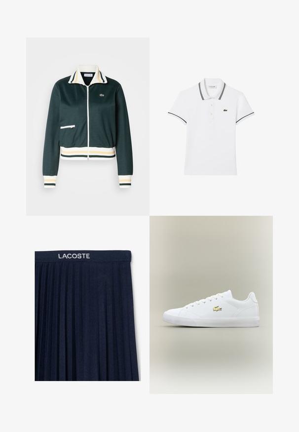 Dunkelgrüne Zip-Jacke mit weißem und gelbem gestreiftem Kragen, gerippten Bündchen und Saum; verfügt über eine kleine Reißverschlusstasche auf der Vorderseite.; Weißes Poloshirt aus Baumwolle, mit einer Zwei-Knopf-Leiste, schwarzen Akzenten am Kragen und an den Ärmeln sowie einem kleinen grünen Krokodil-Logo.; Marineblauer, gefälteter Rock mit einem elastischen Bund und dem weißen "LACOSTE"-Logo. Weiche Stofftextur mit vertikalen Falten für Bewegungsfreiheit.; Weiße Sneaker aus glattem Leder mit runder Zehenform, flachen Schnürsenkeln und einem kleinen goldenen Logo. Verfügt über eine strukturierte Gummisohle und ein schlichtes Design.