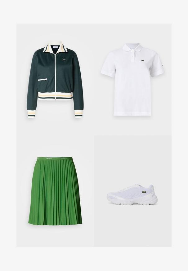 Dunkelgrüne Zip-Jacke mit weißem und gelbem gestreiftem Kragen, gerippten Bündchen und Saum; verfügt über eine kleine Reißverschlusstasche auf der Vorderseite.; Weißes Poloshirt mit kurzen Ärmeln, zwei Knöpfen, einem kleinen grünen Krokodil-Logo auf der linken Brust und einem dezenten schwarzen Logo auf dem linken Ärmel.; Grüner plissierter Rock mit elastischem Bund und Lacoste-Logo. Aus glattem Material, mit markanten vertikalen Falten und knielangem Schnitt.; Weiße Sportschuhe mit Netzobermaterial, strukturiertem Design und gepolstertem Kragen. Merkmale sind ein grünes Logo an der Seite und eine gepolsterte Sohle für Komfort.