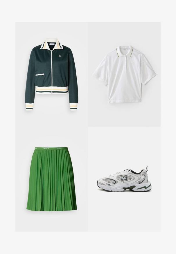 Chaqueta de cremallera verde oscura con cuello a rayas blancas y amarillas, puños y cintura acanalados; cuenta con un pequeño bolsillo con cremallera en la parte frontal.; Camisa polo blanca de manga corta, con un tapeta abotonada, acentos en el cuello en verde y amarillo, y detalles de malla en los laterales. Logo de LACOSTE presente.; Falda verde plisada con una cintura elástica que lleva el logo de Lacoste. Está confeccionada en un material suave, presenta pliegues verticales definidos y un corte hasta la rodilla.; Zapatillas deportivas blancas con paneles de malla, acentos en negro y una suela texturizada. Presentan un diseño elegante y un logotipo prominente en el lateral.
