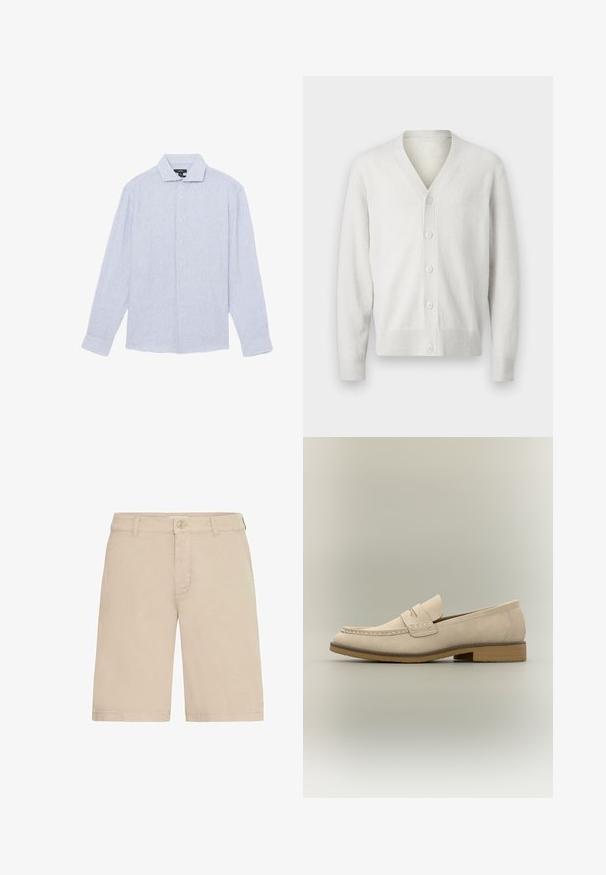 Hvid strikket cardigan med v-hals, seks knaplukninger foran, ribbet manchetter og kant. Blød tekstur, enkelt design og let materiale.; Lyseblå skjorte med lange ærmer med knapper og tynde hvide lodrette striber samt klassisk krave, lagt fladt mod en hvid baggrund.; Beige shorts til knæet med knap- og lynlåslukning foran, bæltestropper og lige kant.; Lysebeige læderloafer med lav hæl, mokkastiksøm og en remdetalje over toppen, vist i profil.