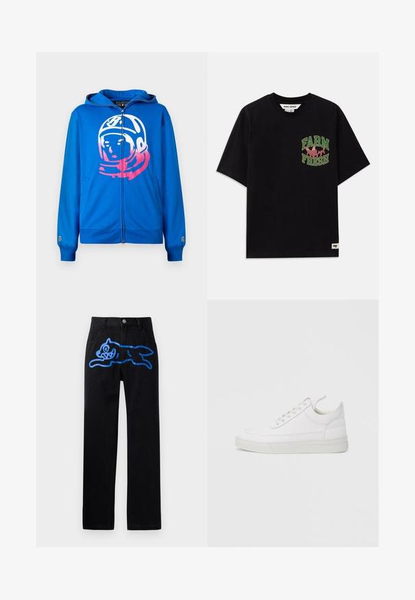 Blaues Zip-up Hoodie mit einem pink-weißen Astronauten-Motiv auf der Vorderseite. Hergestellt aus weichem Material mit seitlichen Taschen und gerippten Bündchen.; Schwarzes Baumwoll-T-Shirt mit einem grafischen Druck in grün und pink, der "FARM FRESH" sagt, mit lockerer Passform und kurzen Ärmeln.; Schwarze Denim-Hosen mit lockerer Passform, die auf der Vorderseite ein lebhaftes blaues Grafikdesign eines springenden Katers zeigen. Klassisches Fünf-Taschen-Design.; Weißer Ledersneaker mit abgerundetem Zehenbereich, flacher Sohle und Schnürverschluss. Verfügt über Nahtdetails und einen gepolsterten Kragen für zusätzlichen Komfort.