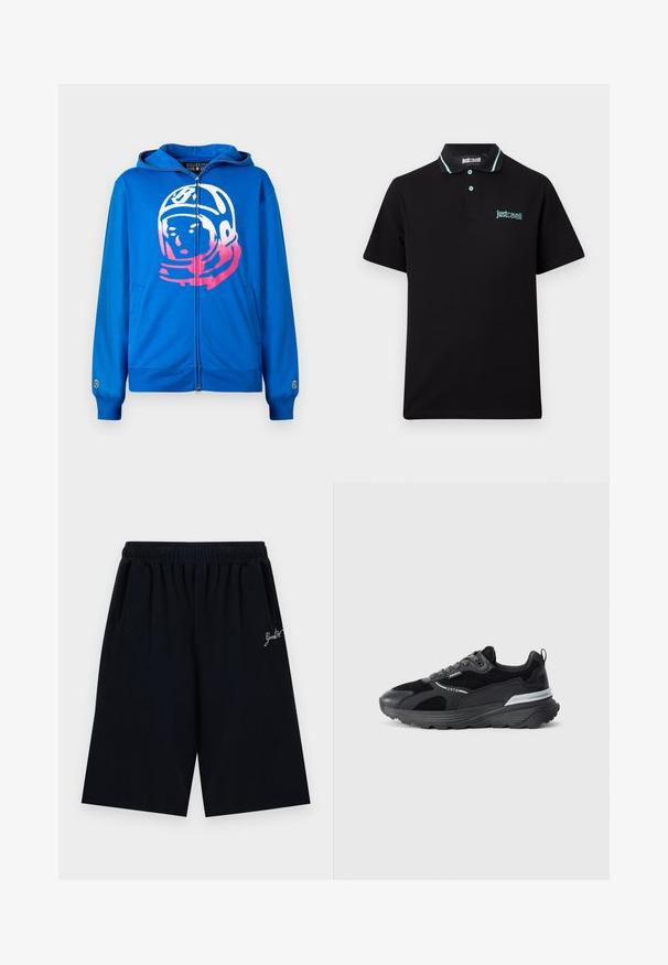 Hoodie zippé bleu avec un graphique d'astronaute rose et blanc sur le devant. Fabriqué en tissu doux, avec des poches latérales et des poignets côtelés.; Polo à manches courtes noir avec des accents turquoise sur le col et les boutons, affichant le logo "Just Cavalli" sur la poitrine et à l'intérieur du col.; Short noir jusqu'au genou avec une ceinture élastique et un petit texte blanc en écriture cursive sur le côté droit.; Baskets de sport noires avec une combinaison de cuir lisse et de daim. Présentent des accents réfléchissants, une semelle épaisse et des détails texturés sur les lacets.