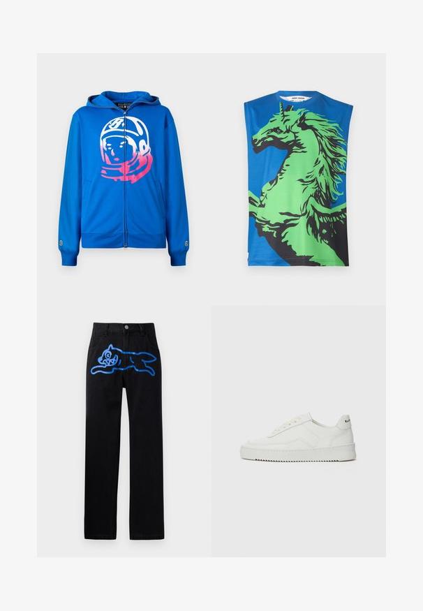 Blauwe ritshoodie met een roze en witte astronautafbeelding op de voorkant. Gemaakt van zacht materiaal met zijzakken en geribde manchetten.; Mouwloos T-shirt met een blauwe achtergrond en een grote groene en zwarte eenhoornafbeelding. Gemaakt van een gladde stof met een ronde halslijn.; Zwarte denim broek met een relaxte pasvorm, met een levendige blauwe graphic van een springende kat aan de voorkant. Klassiek vijf-pocket ontwerp.; Witte leren sneaker met een gladde afwerking, ronde neus, platte veters en een gestructureerde zool. Kenmerkt zich door een subtiel logo op de hiel.