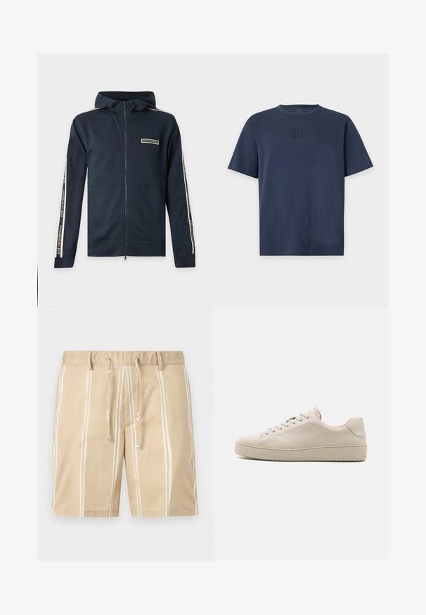 Marineblauwe hoodie met rits, capuchon, lange mouwen en witte gebrande strepen langs de armen, voorzien van EA7 Emporio Armani op borst en mouwen.; Marineblauw T-shirt met korte mouwen en een ronde hals, met een verhoogd GAP-logo centraal op de borst, tegen een witte achtergrond.; Beige korte broek met verticale witte strepen, elastische tailleband met riemlussen en een koordsluiting aan de voorkant op een effen achtergrond.; Beige leren sneakers met een gladde afwerking, ronde neus, platte zool en klassiek vetersluiting ontwerp. Subtiele stiksels en een gestructureerde buitenzool.