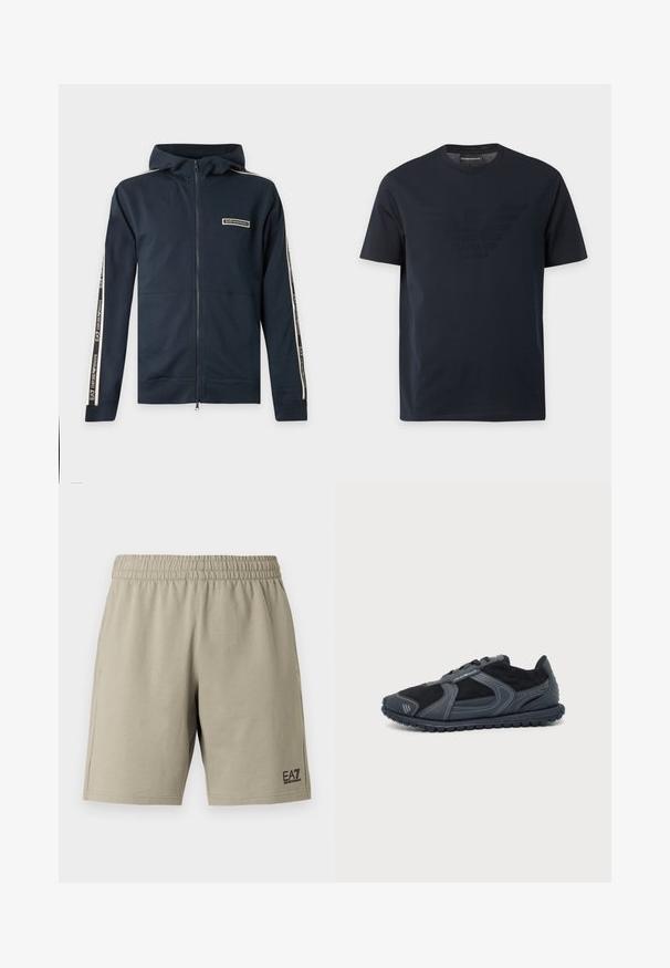 Sweat à capuche bleu marine zippé avec capuche, manches longues et bandes blanches siglées courant le long des bras, marqué EA7 Emporio Armani sur la poitrine et les manches.; T-shirt noir à manches courtes avec col rond, comportant un logo aigle en relief discret sur la poitrine et une étiquette de marque à l'intérieur du col.; Shorts beige clair en tissu doux, avec une taille élastique et des poches latérales. Comprend un petit logo noir sur le bas de la jambe.; Baskets basses noires et grises avec semelle texturée et logo sur le côté, présentées de la face extérieure sur un fond blanc uni.
