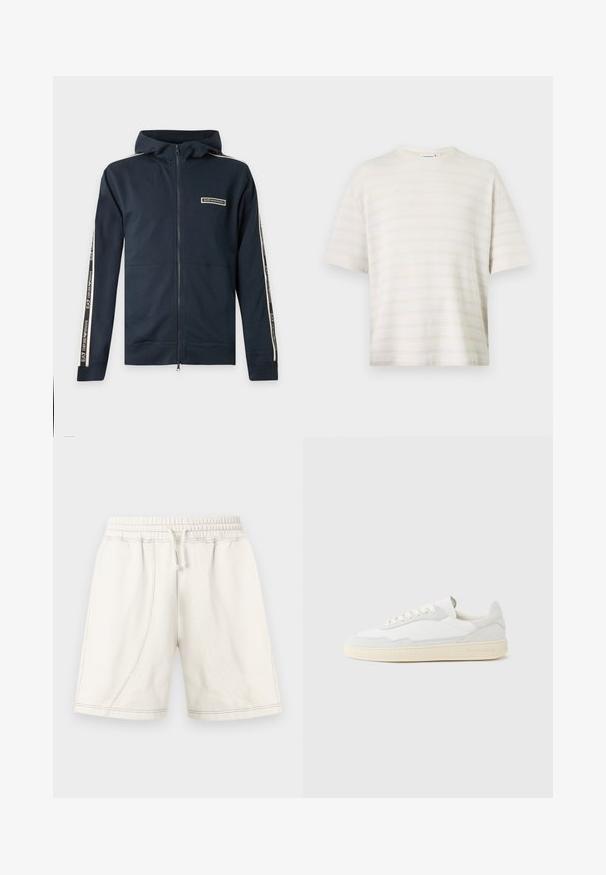 Sweat à capuche bleu marine zippé avec capuche, manches longues et bandes blanches siglées courant le long des bras, marqué EA7 Emporio Armani sur la poitrine et les manches.; Haut en tricot texturé crème à manches courtes avec de fines rayures horizontales et un col rond sur fond blanc uni.; Shorts décontractés écrus avec taille élastique, cordon de serrage et détails de coutures visibles, conçus pour le confort et le port quotidien.; Baskets blanches avec dessus en daim et cuir texturé. Caractérisées par un bout arrondi, une fermeture à lacets et une semelle en caoutchouc beige contrastante.