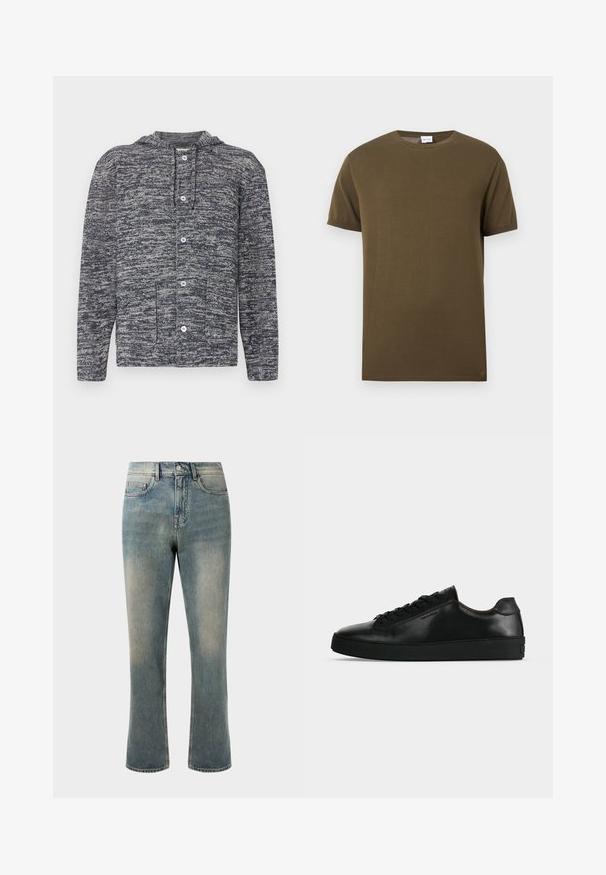 Sudadera con capucha de manga larga y botones, con bolsillos delanteros, confeccionada en un tejido de punto jaspeado en tonos gris oscuro y claro.; Camiseta de manga corta y cuello redondo de color verde oliva con una textura lisa y uniforme, presentada sobre un fondo blanco.; Jeans de mezclilla azul claro con pierna recta, cintura media y desvanecido sutil. Presenta un estilo clásico de bolsillos y costuras en contraste.; Zapatilla de cuero negra de perfil bajo con cordones negros y una suela negra gruesa, mostrada de lado sobre un fondo gris claro.